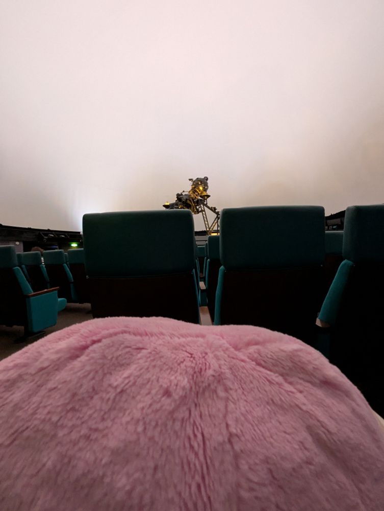 日本最古のプラネタリウム投影機を眺めるふわふわメタモンぬいぐるみ。上映を待っている様子