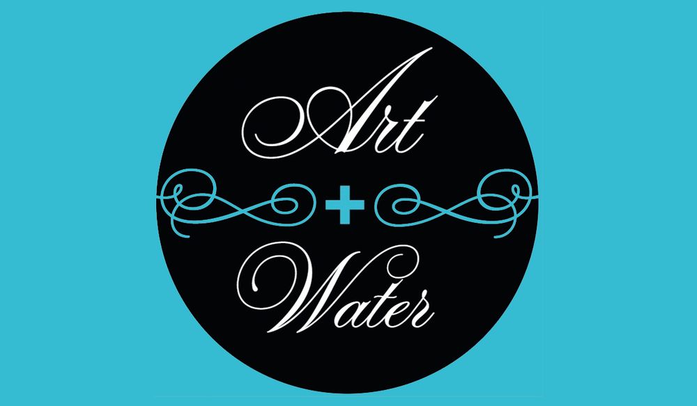 logo for a new art initiative called "Art + Water". The logo is a kind of wordmark with the word Art aboove the word Water, both in extremely over the top white cursive. Between the words is a teal plus sign, and on the left and right of the teal plus sign are random teal curlicues.
