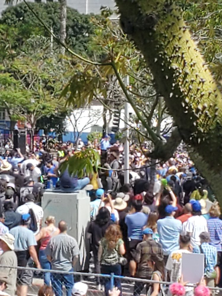Bernie Sanders addressing a massive crowd in front of LA city hall.