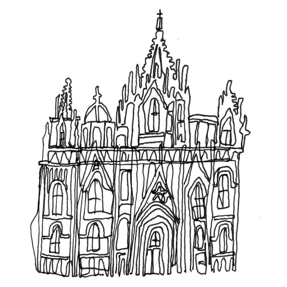 A black and white ink drawing of Barcelona Cathedral, meant to show of its gothic architecture style. Drawing was straight to ink, lifting the pen as little as possible, so the drawing has a squigglier more freeflowing style.