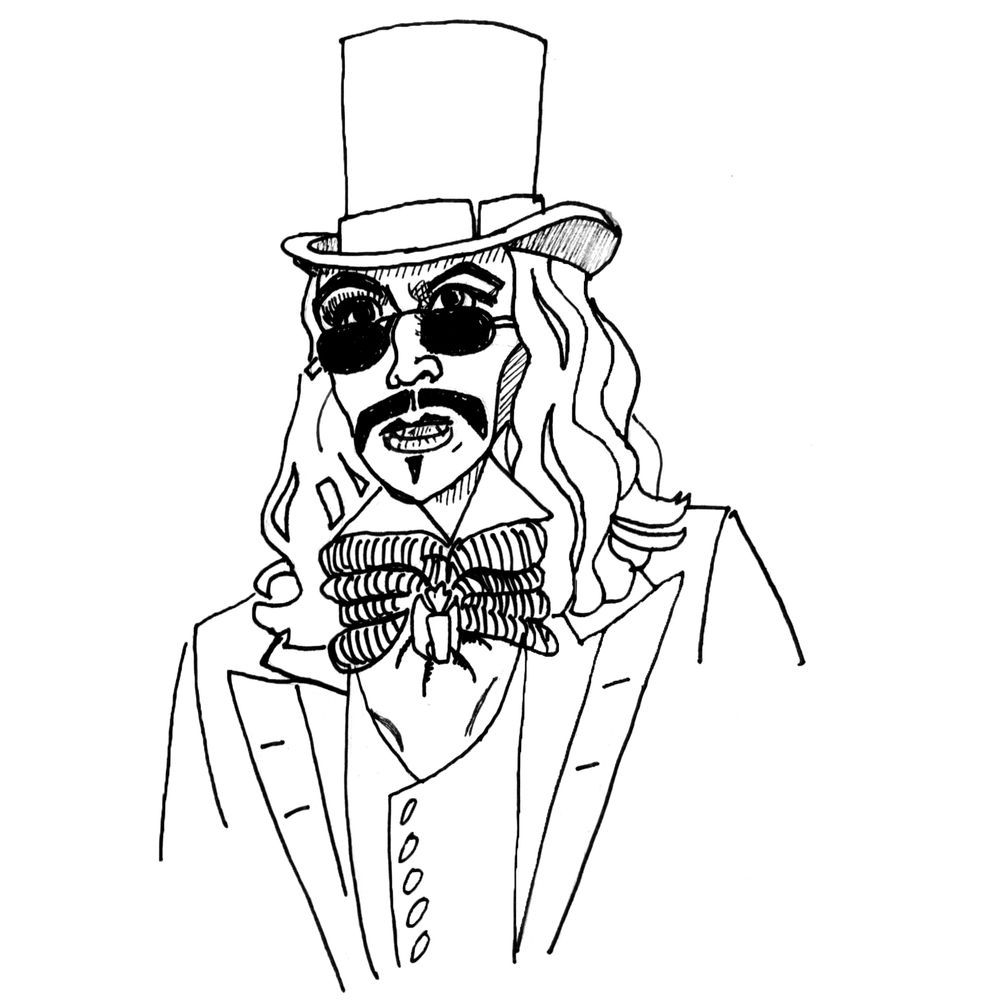 A black-&-white sketch of Gary Oldman in Francis Ford Coppola's Dracula. Wearing his around town London outfit, designed by Eiko Ishioka, with top-hat, beautifully tailored grey suit, and sunglasses.