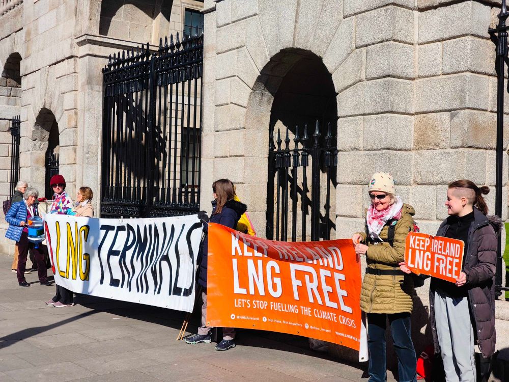 7 people standing outside the Four Courts buildings in Dublin holding signs opposing LNG terminals in Ireland