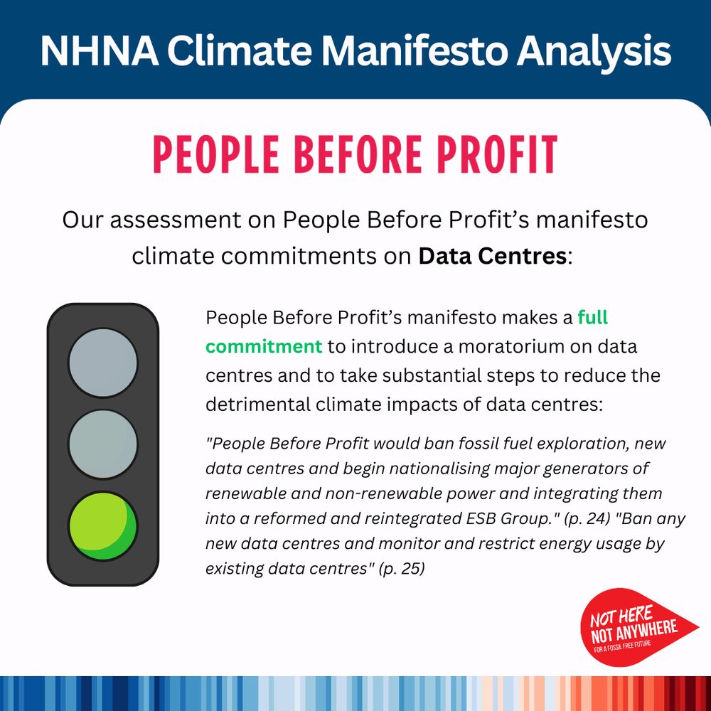 Our assessment on People Before Profit’s manifesto climate commitments on Data Centres: People Before Profit’s manifesto makes a full commitment to introduce a moratorium on data centres and to take substantial steps to reduce the detrimental climate impacts of data centres. "People Before Profit would ban fossil fuel exploration, new data centres and begin nationalising major generators of renewable and non-renewable power and integrating them into a reformed and reintegrated ESB Group." (p. 24) "Ban any new data centres and monitor and restrict energy usage by existing data centres" (p. 25) 