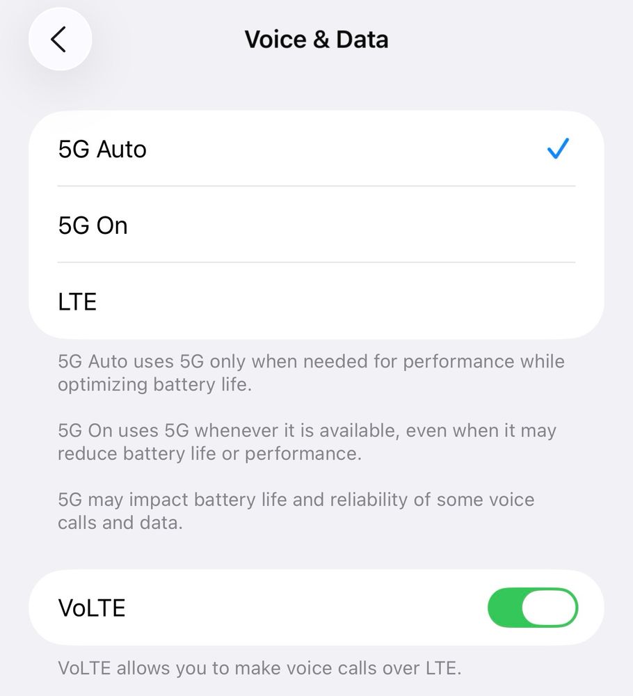 Network type selection on iOS 26 for a Smart PH eSIM. 

Options are 
- 5G Auto
- 5G On
- LTE