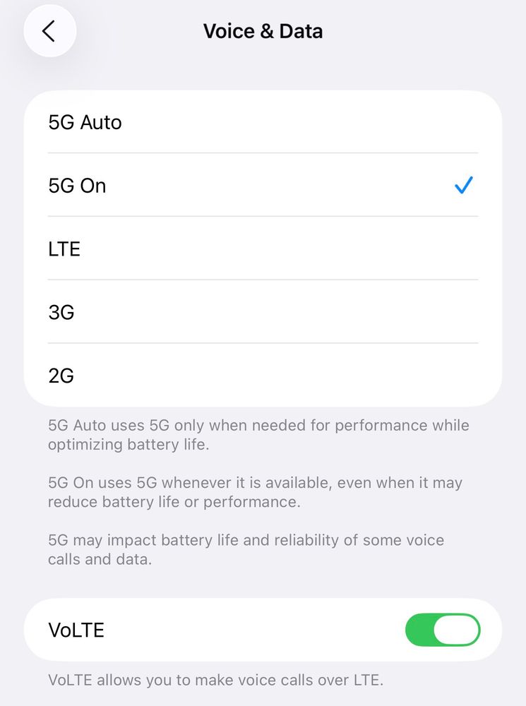 Network type selection on iOS 26 for a Globe PH eSIM. 

Options are 
- 5G Auto
- 5G On
- LTE
- 3G
- 2G