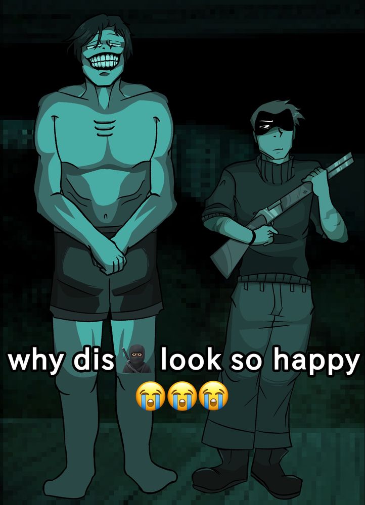 A disfigured human towering above a regular human who is holding a shotgun at night.