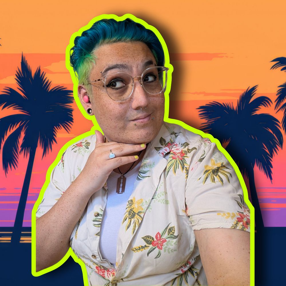 1x Sydney Bizkut, cut out, with an outline, and drop shadow on top of some kind of vaporwave desktop background. She has light makeup on, fluorescent yellow nails, an asymmetrical haircut with blue and green hair, and large clear glasses. Shes super hot and you wanna tell her that