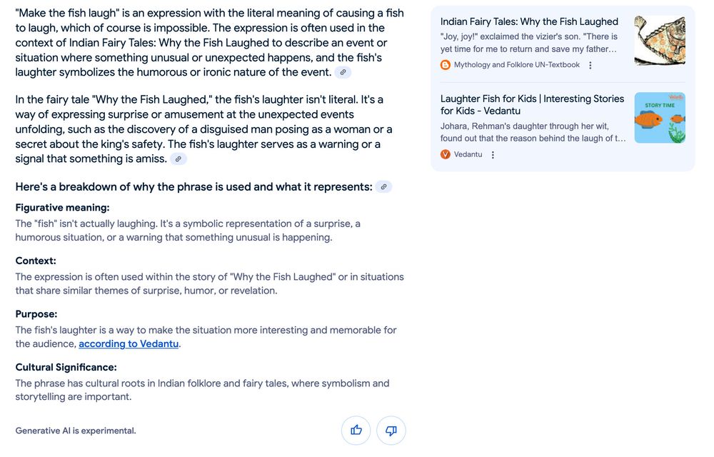 "Make the fish laugh" is an expression with the literal meaning of causing a fish to laugh, which of course is impossible. The expression is often used in the context of Indian Fairy Tales: Why the Fish Laughed to describe an event or situation where something unusual or unexpected happens, and the fish's laughter symbolizes the humourous or ironic nature of the events. 
In the fairy tale "Why the Fish Laughed," the fish's laughter isn't literal. It's a way of expressing surprise or amusement at the unexpected events unfolding, such as the discovery of a disguised man posing as a woman or a secret about the king's safety. The fish's laughter serves as a warning or a signal that something is amiss."