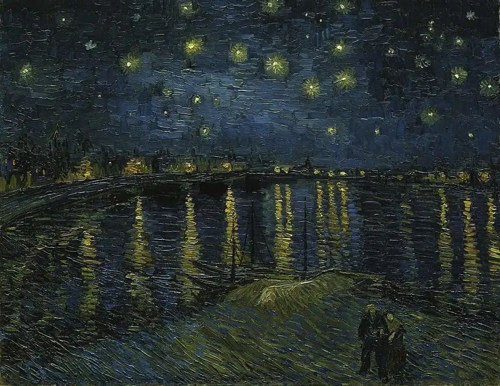 Noite Estrelada sobre o Ródano, de Van Gogh. 

Um casal caminha rente a um espelho d'água, onde o mesmo reflete as luzes da cidade e as estrelas do céu. É noite, há um barco na água e ela se move gentilmente.