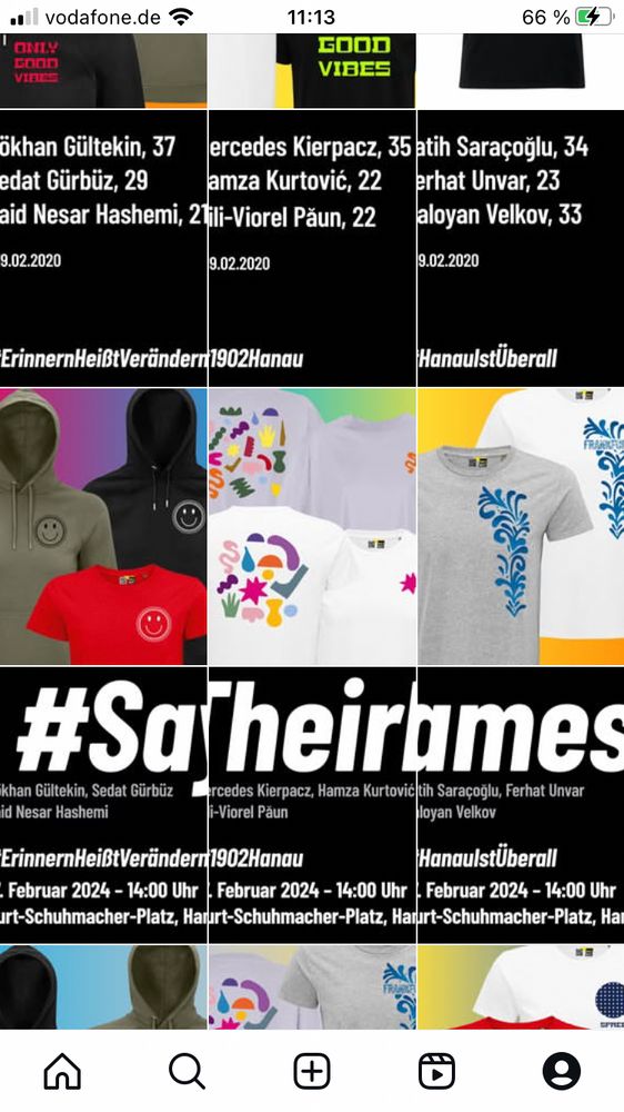 Auszug aus unserem Instagram-Profil. Die drei Bilder in der Mitte ergeben eigentlich „Say their names“ in weißer Schrift auf schwarzem Grund. In der neuen, rechteckigen Ansicht sind sie aber so zugeschnitten, dass man das kaum noch erkennen kann. 