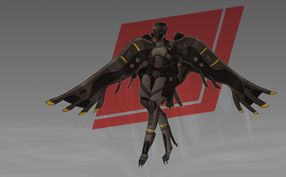 A futuristic flying exosuit with wings soaring up in the air. The suit is brown with yellow accents, with extended taloned legs, carapace armor and large, synthetic wings stretching out from her.