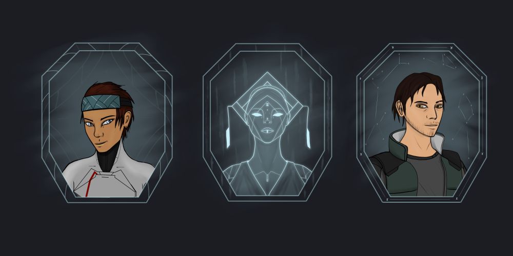 A trio of portraits. First is of TW, a lady with a blue headband and techsuit. Next is Peris, the holographic AI of a worldship and antagonist of the game. Finally there is Huey, TW's partner in crime and life.