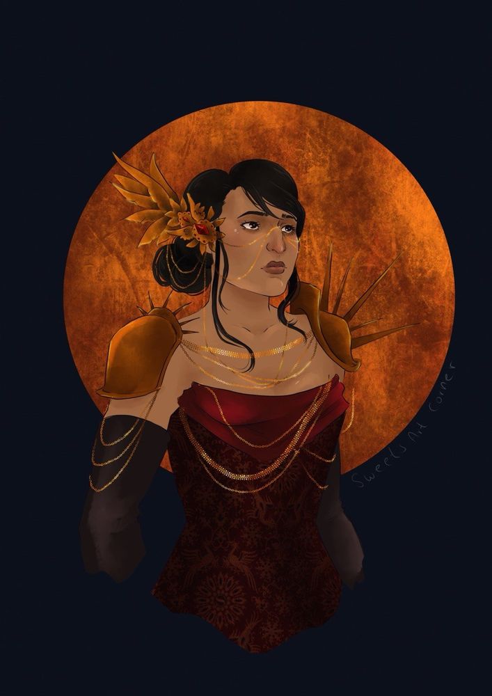 digital artwork showing a woman wearing a red dress, endorned in golden chains