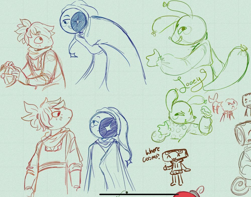 Sketches of sprout and Astro interacting as well as doodles of playing with looeys design. Shrimpos photobombing. And my partner drew Cosmo asking “where’s Cosmo” 