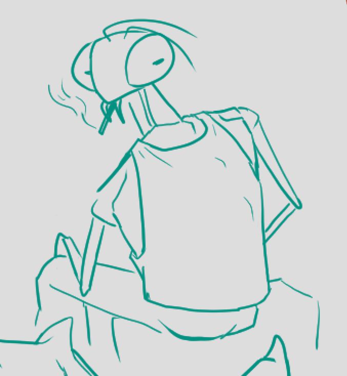 An anthropomorphic mantid smoking a cigarette and wearing a wife-beater.