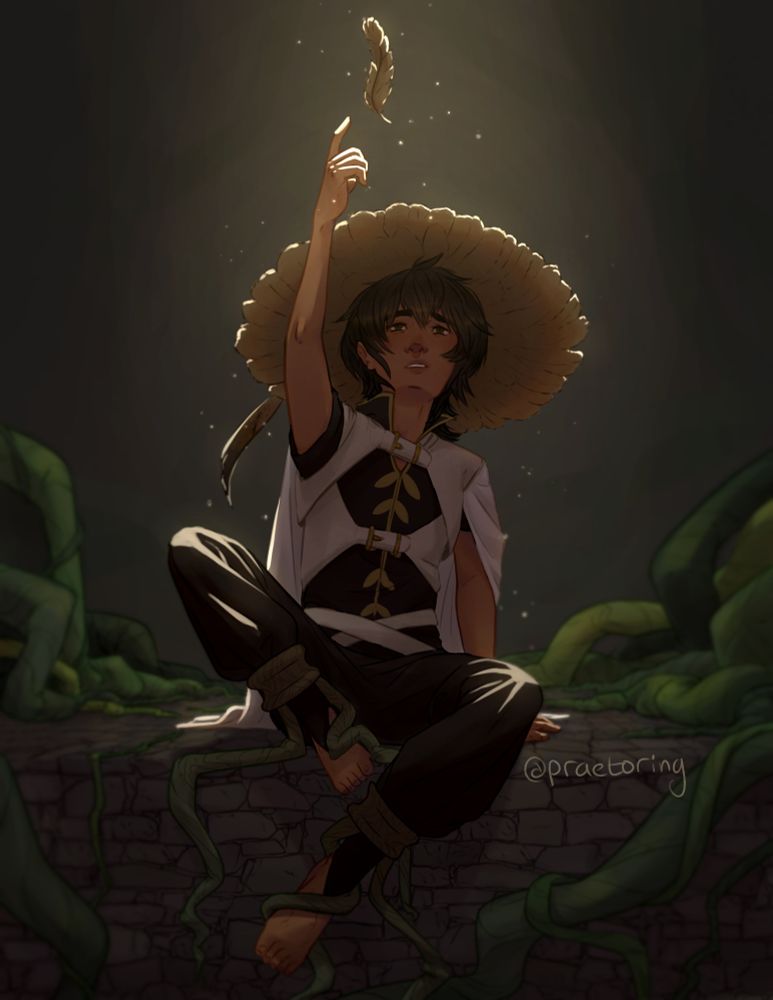 custas from witch hat atelier in the dark, reaching towards a feather in the bright light