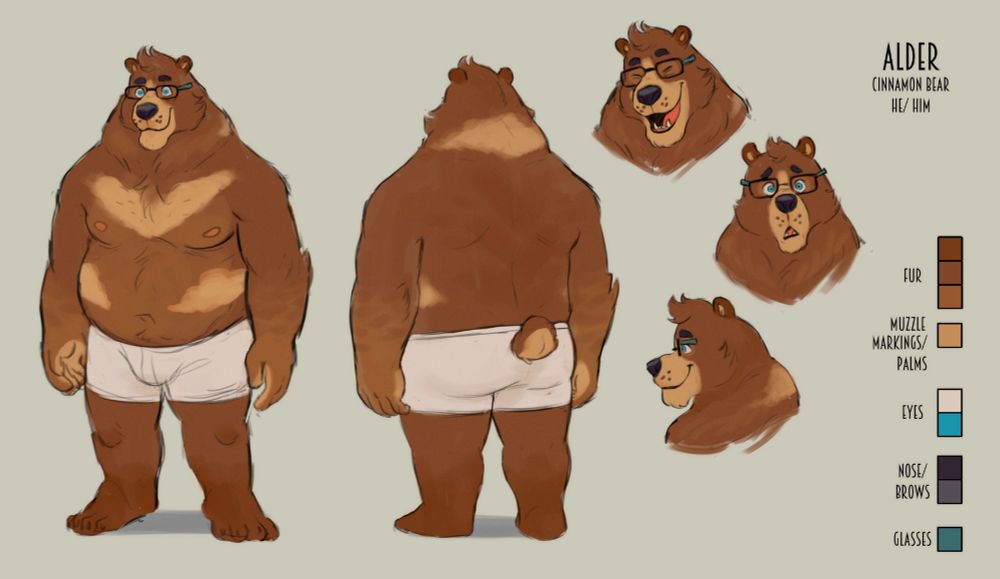 A reference sheet for Alder, a cinnamon bear. He has auburn fur, with a blonde muzzle, brindle on his arms/paws, and cloud markings on his chest and belly. He has thin-rimmed glasses, blue eyes, and an inviting smile