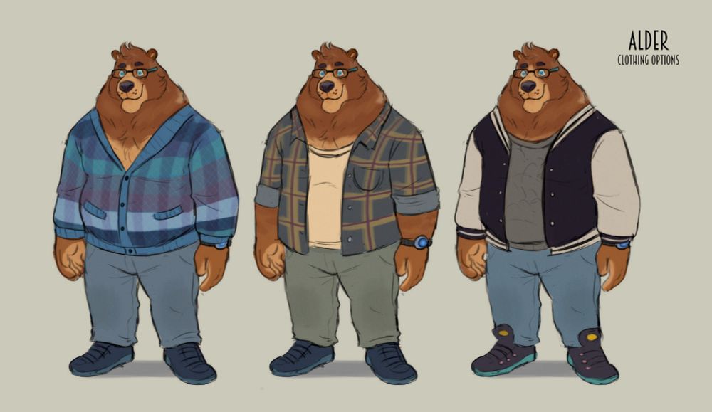 A reference sheet with common outfits for Alder. He's wearing a blue sweater, a flannel overshirt, and a varsity jacket.