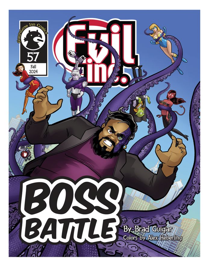 Cover of Evil Inc eComic #57: Boss battle features Krakenos with various Evil Inc characters in his mighty tentacle grip. Just imagine what he could do with those things. The mind boggles.