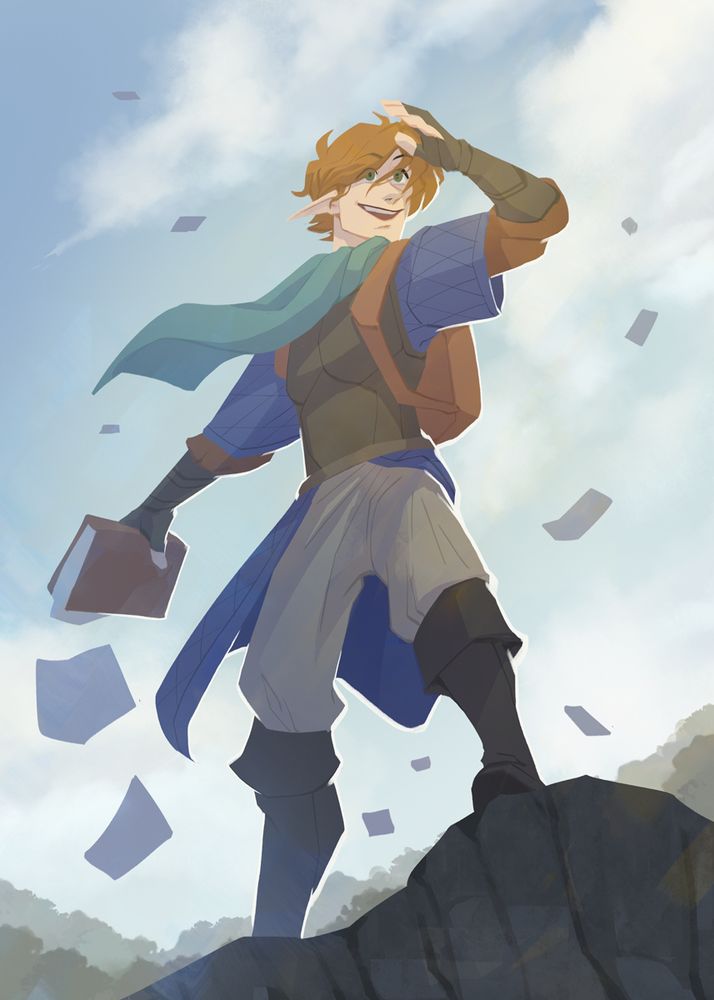 An image of a younger half-elven man with a scarf standing atop a rock, looking out. He's holding a book with the pages that seem to be falling out, blowing in the wind.