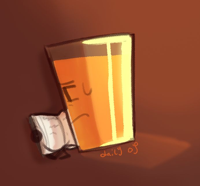 A drawing of OJ in a reddish brown void. He’s seated on the base of his glass, reading a book. His eyes are squinted, and his expression strained. Harsh lighting comes from behind OJ, leaving his face in the shade.