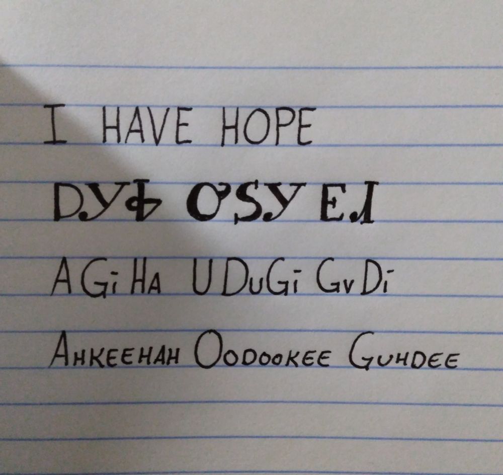 Image is line paper with writing showing an English word and how it is written in the Cherokee language followed by how it is spelled and pronounced. The words are I have hope and pronounced ahkeehah oodookee guhdee