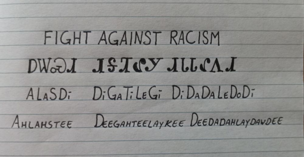Image is line paper with writing showing an English word followed by how it is written in the Cherokee language followed by how it is spelled and pronounced. The words are fight against racism and pronounced ahlahstee deegahteelaykee deedadahlaydawdee