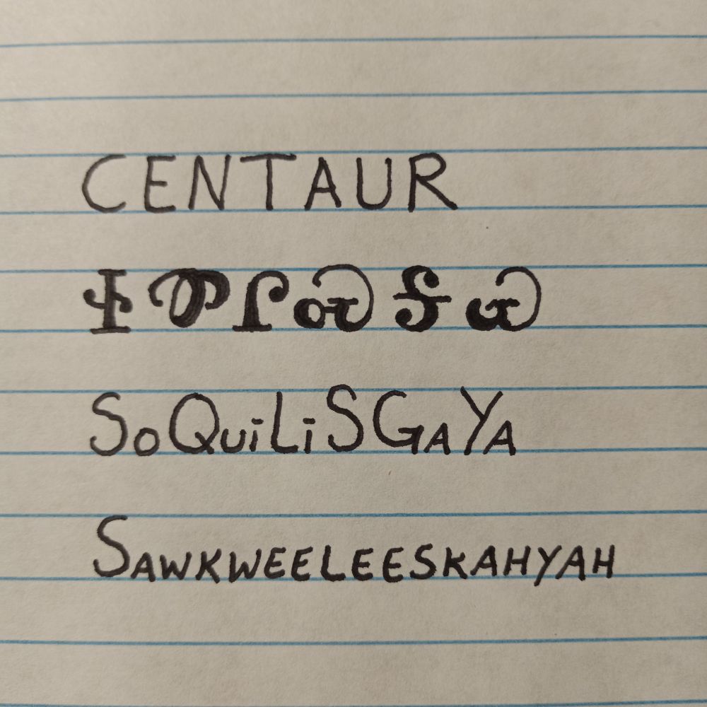 Image is line paper with writing showing an English word followed by how it is written in the Cherokee language followed by how it is spelled and pronounced. The word is centaur and pronounced sawkweeleeskahyah