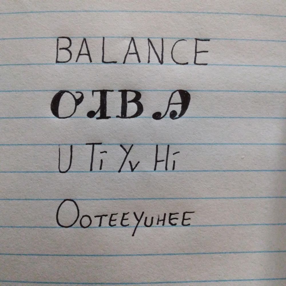 Image is line paper with writing showing an English word followed by how it is written in the Cherokee language followed by how it is spelled and pronounced. The word is balance and pronounced ooteeyuhee