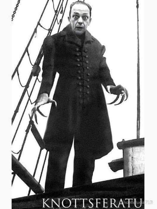A photo of nosferatu, but his head has been photoshopped out and replaced with the head of actor Don Knotts. Caption reads knottsferatu