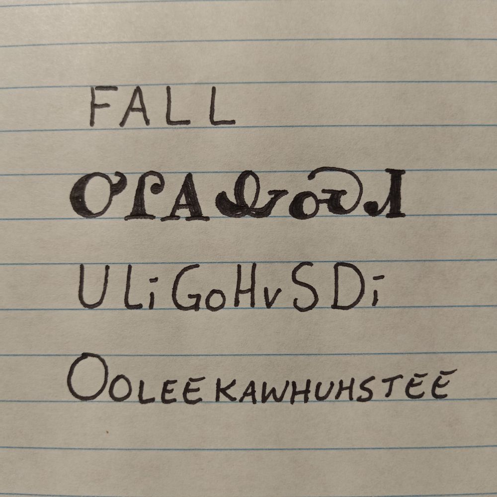 Image is line paper with writing showing an English word followed by how it is written in the Cherokee language followed by how it is spelled and pronounced. The word is fall and pronounced ooleekaw-huh-stee