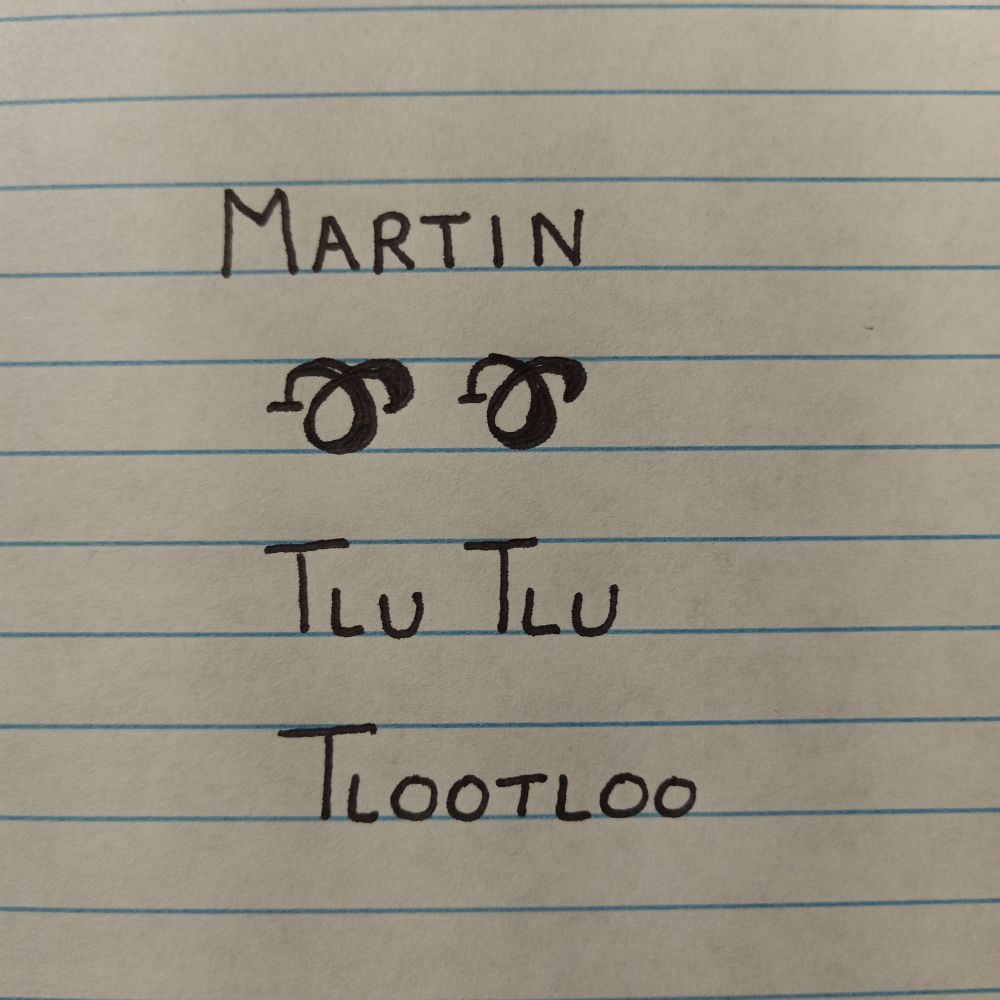 Image is line paper with writing showing an English word followed by how it is written in the Cherokee language followed by how it is spelled and pronounced. The word is martin and pronounced tlootloo