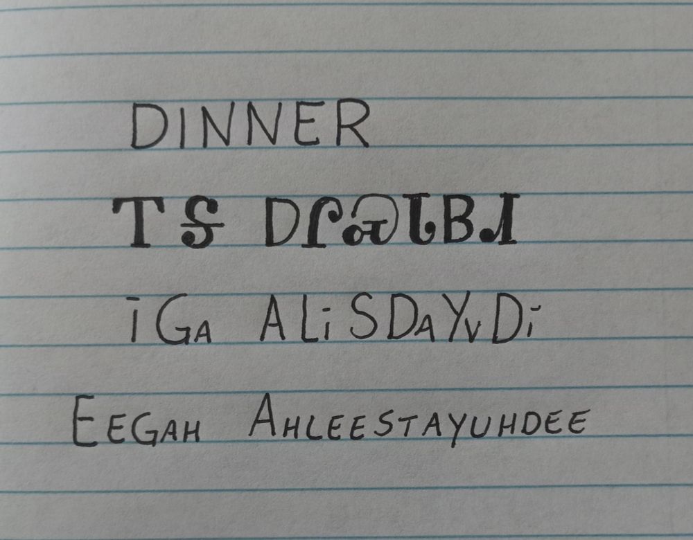 Image is line paper with writing showing an English word followed by how it is written in the Cherokee language followed by how it is spelled and pronounced. The word is dinner and pronounced eegah ahleestay yuhdee