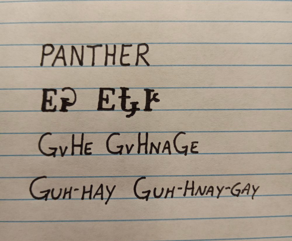 Image is line paper with writing showing an English word followed by how it is written in the Cherokee language followed by how it is spelled and pronounced. The word is panther and pronounced guhhay guhhnaygay