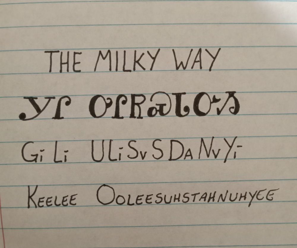 Image is line paper with writing showing an English word followed by how it is written in the Cherokee language followed by how it is spelled and pronounced. The words are the milky way and pronounced keelee ooleesuhstahnuhyee