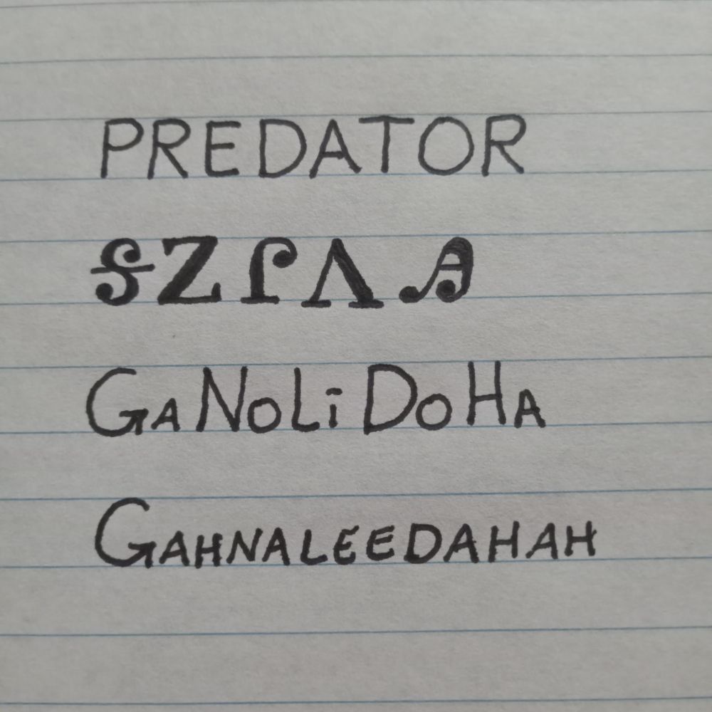 Image is line paper with writing showing an English word followed by how it is written in the Cherokee language followed by how it is spelled and pronounced. The word is Predator and pronounced gahnaleedahah