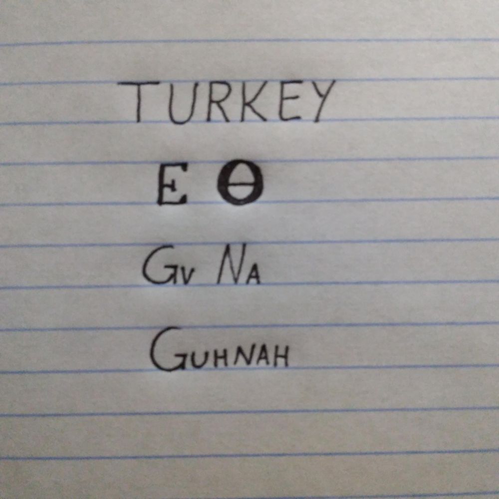 Image is line paper with writing showing an English word followed by how it is written in the Cherokee language followed by how it is spelled and pronounced. The word is turkey and pronounced guhnah