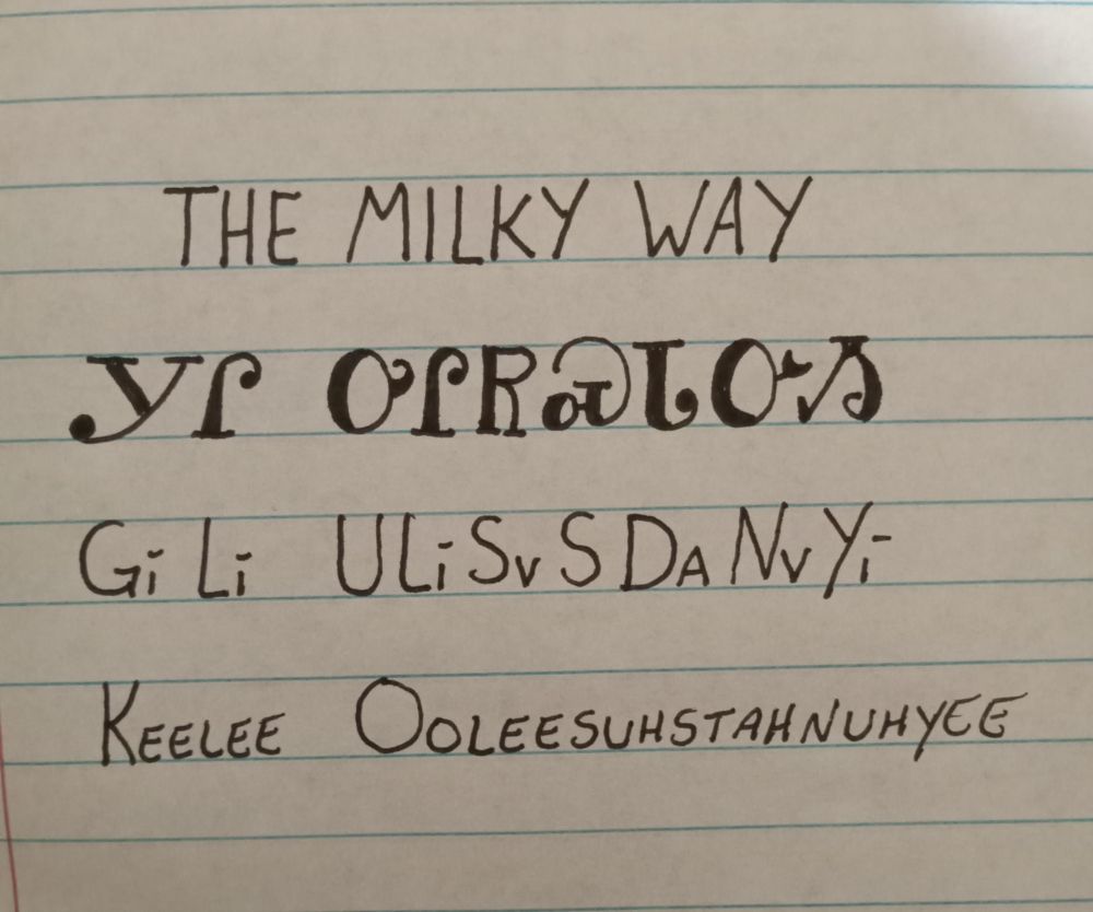 Image is line paper with writing showing an English word followed by how it is written in the Cherokee language followed by how it is spelled and pronounced. The word is the milky way and pronounced keelee ooleesuhstahnuhyee
