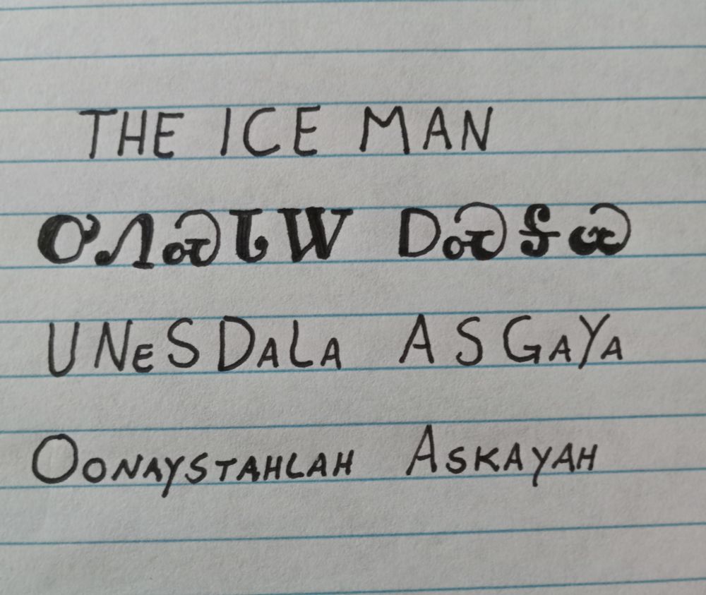 Image is line paper with writing showing an English word followed by how it is written in the Cherokee language followed by how it is spelled and pronounced. The words are the ice man and pronounced oonaystahlah askayah