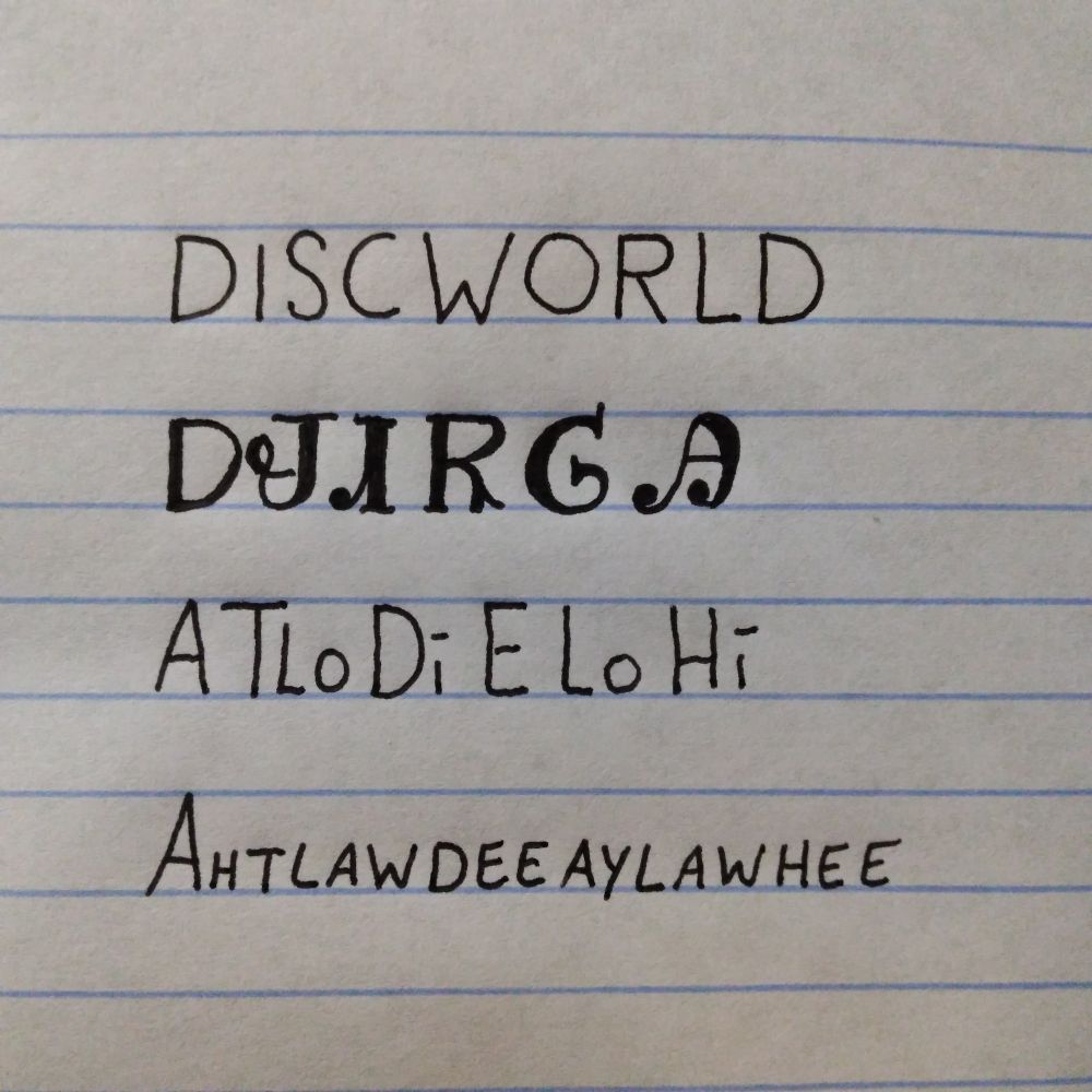 Image is line paper with writing showing an English word followed by how it is written in the Cherokee language followed by how it is spelled and pronounced. The word is Discworld and pronounced ahtlawdeeaylawhee