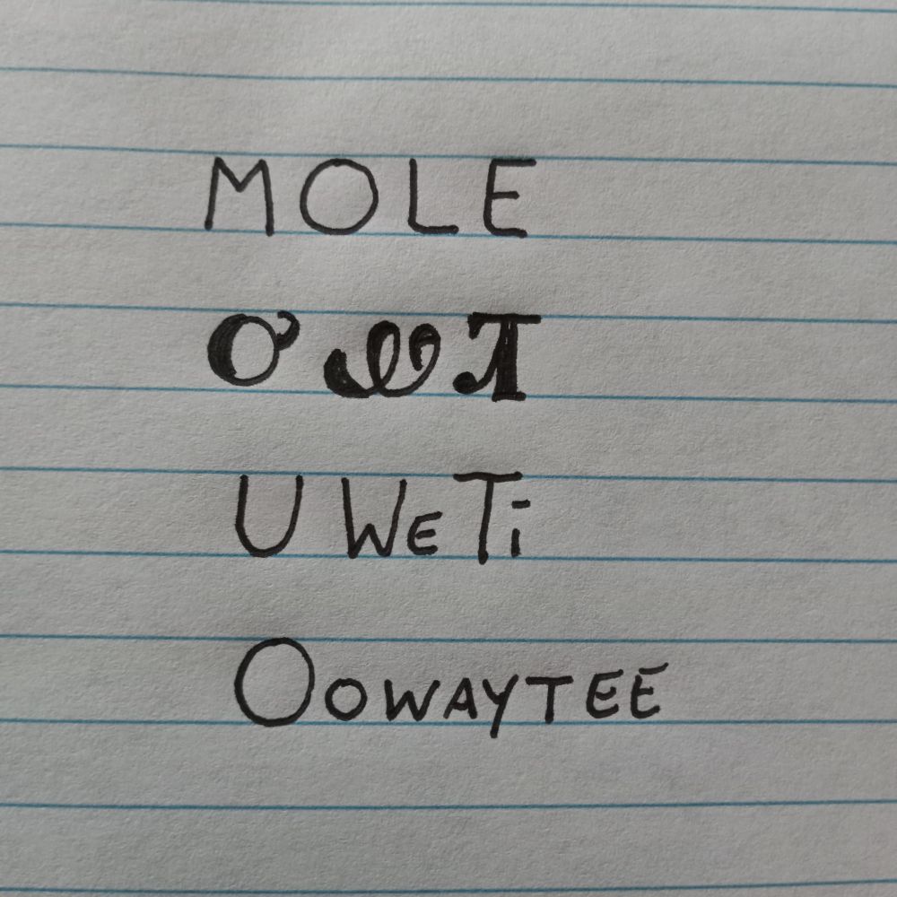 Image is line paper with writing showing an English word followed by how it is written in the Cherokee language followed by how it is spelled and pronounced. The word is mole and pronounced oowaytee