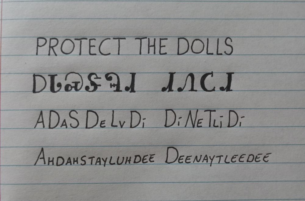Image is line paper with writing showing an English word followed by how it is written in the Cherokee language followed by how it is spelled and pronounced. The words are protect the dolls and pronounced ahdahstayluhdee deenaytleedee 