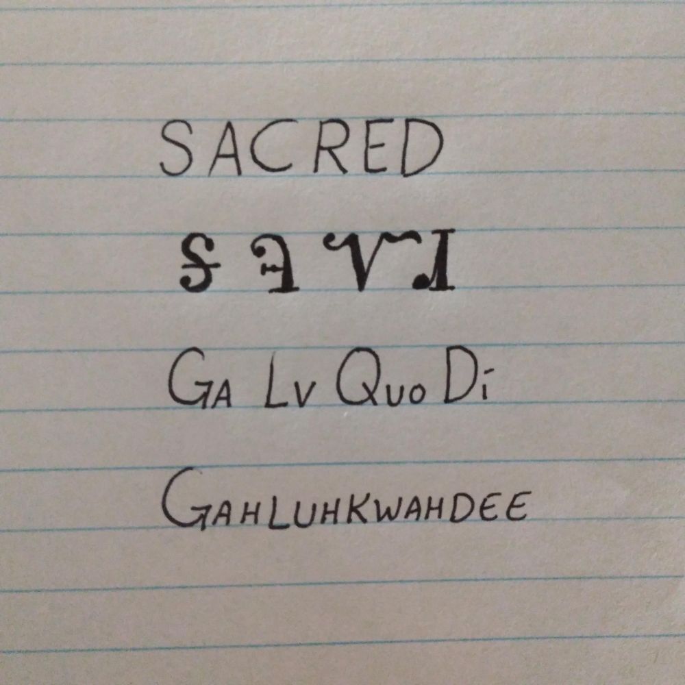 Image is line paper with writing showing an English word followed by how it is written in the Cherokee language followed by how it is spelled and pronounced. The word is sacred and pronounced gahluhkwahdee