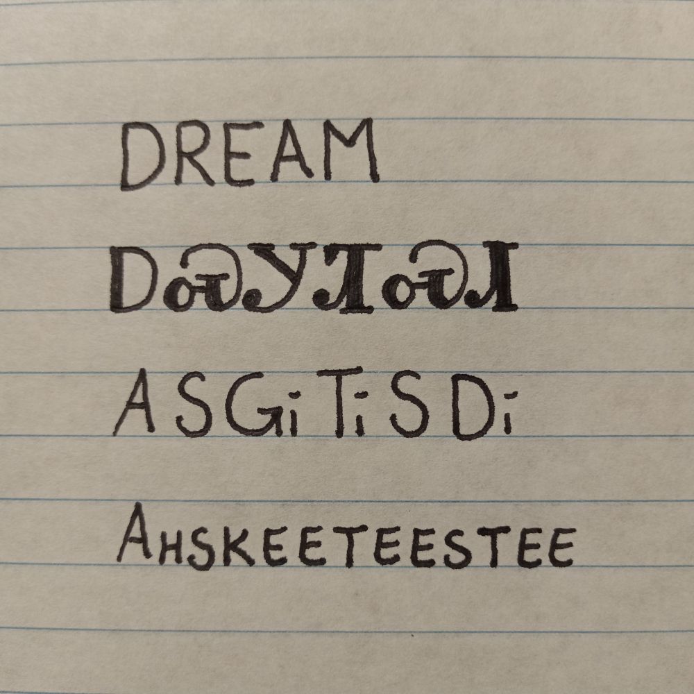 Image is line paper with writing showing an English word followed by how it is written in the Cherokee language followed by how it is spelled and pronounced. The word is dream and pronounced ahskeeteestee