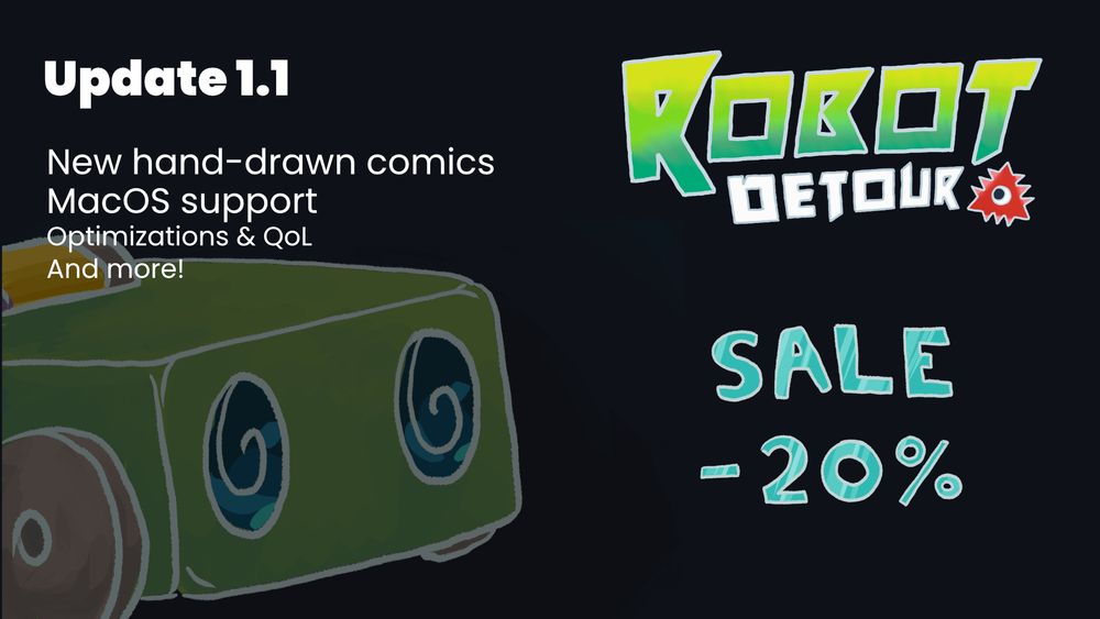 Poster announcing 1.1 update for Robot Detour and -20% sale