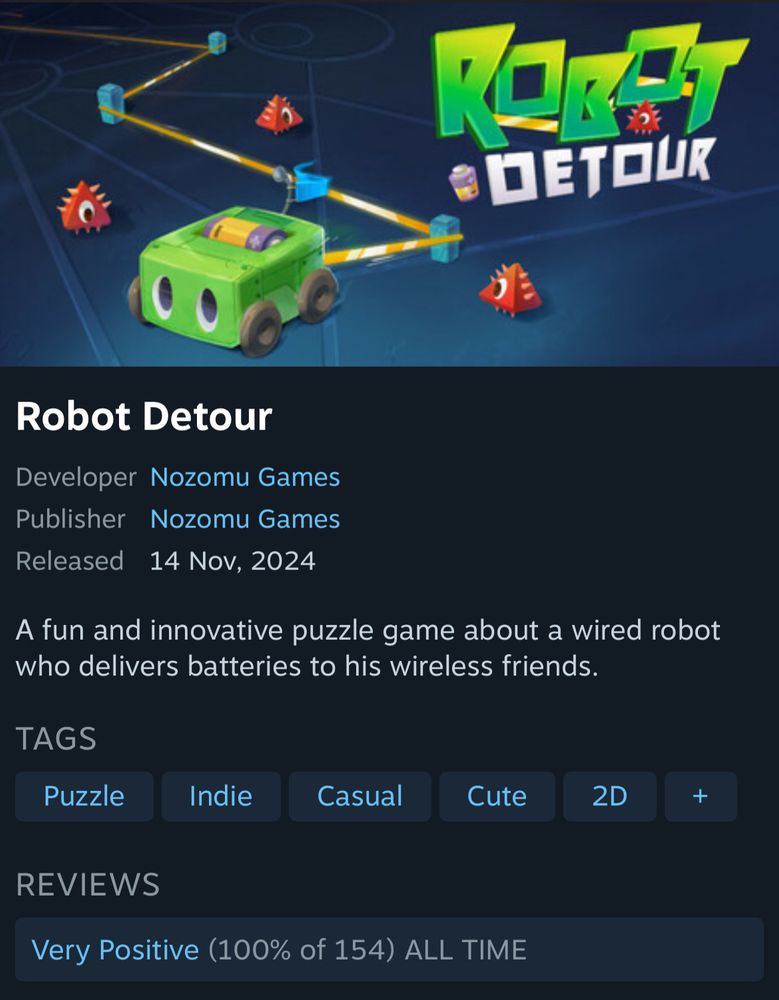 Steam page of Robot Detour, with 150 positive reviews
