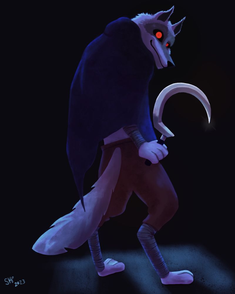 A digital illustration of Death the wolf from the movie Puss in Boots: The Last Wish. He holds a sickle in his right hand as he glares intensely with bright red eyes over his shoulder at the viewer.
