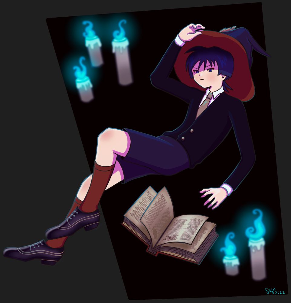 A digital illustration of Scaramouche from the video game Genshin Impact, sporting a big witch hat and levitating among some candles with the help of his spellbook catalyst.  