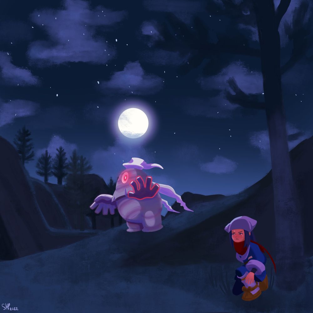 A digital illustration of a scene from Pokémon Legends: Arceus, featuring an alpha Dusclops prowling a slope under moonlight. The protagonist hides from it, crouched in shadow and sparse grass in the lower-right corner of the painting.