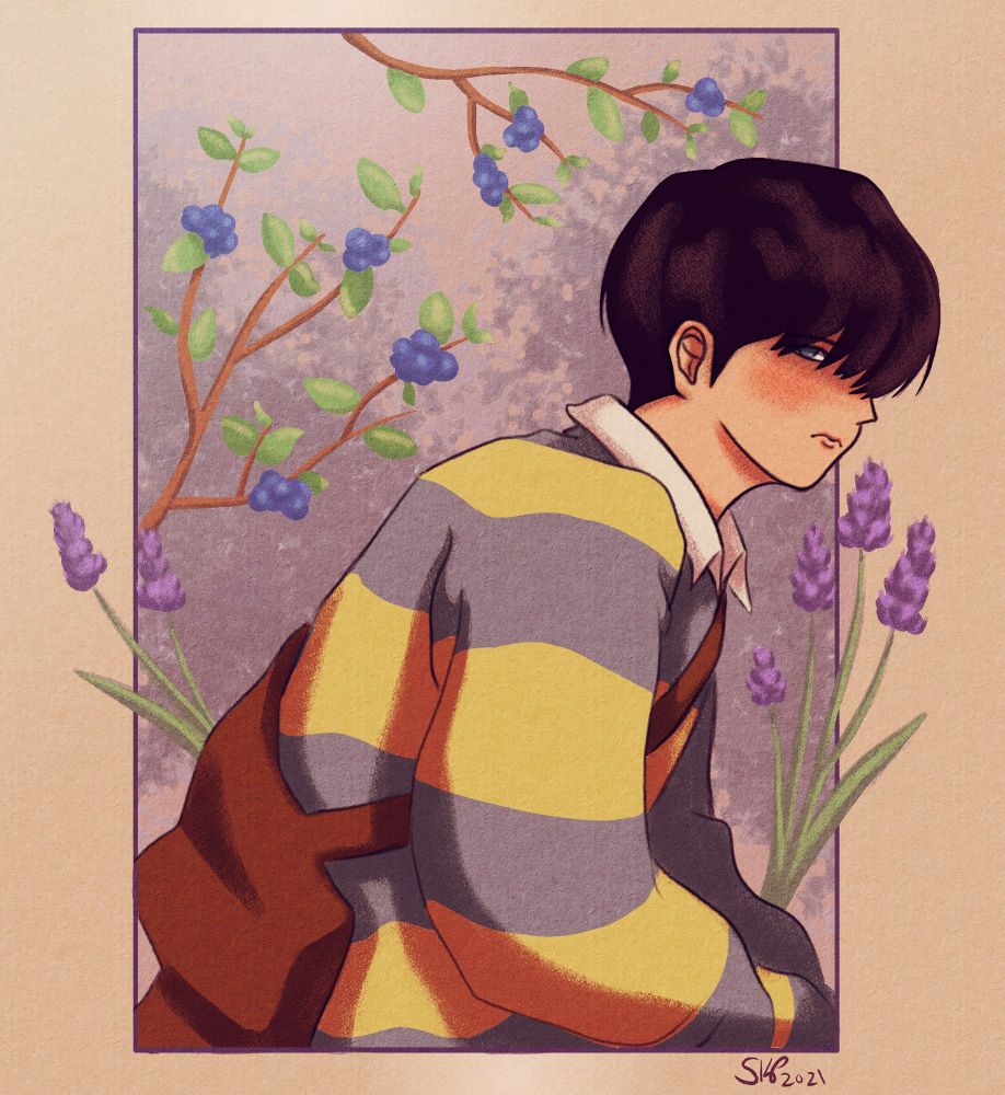 A digital illustration of a boy clad in a yellow striped shirt with a bag slung over his left shoulder, glancing sideways at the viewer. He is surrounded by lavender flowers and blueberry bush branches.